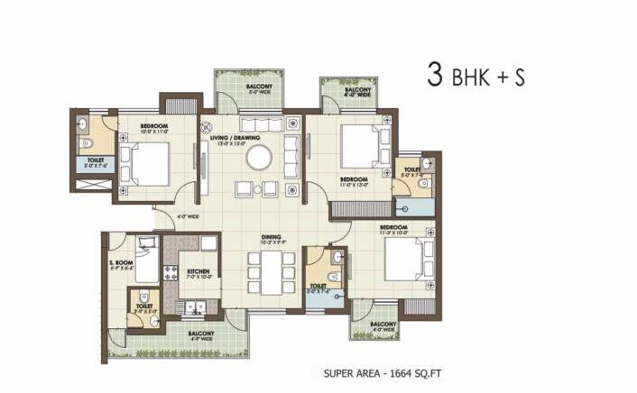 Floor plan of 3 BHK 1664 Sq. Ft. Apartment in Orris Golf Homes Greenbay, Greater Noida