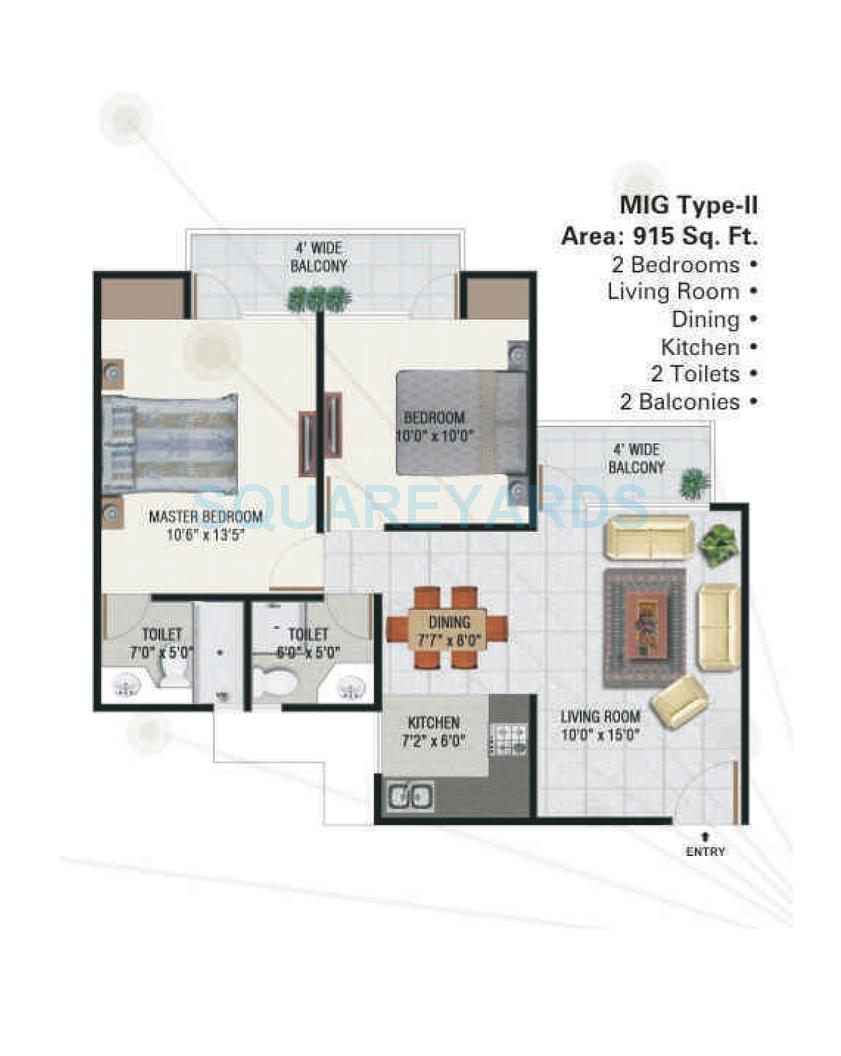 Floor plan of 2 BHK 915 Sq. Ft. Apartment in Panchsheel Greens, Greater Noida