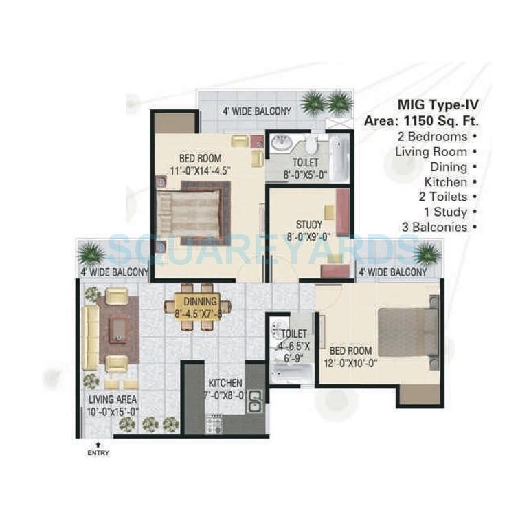 Floor plan of 2 BHK 1150 Sq. Ft. Apartment in Panchsheel Greens, Greater Noida