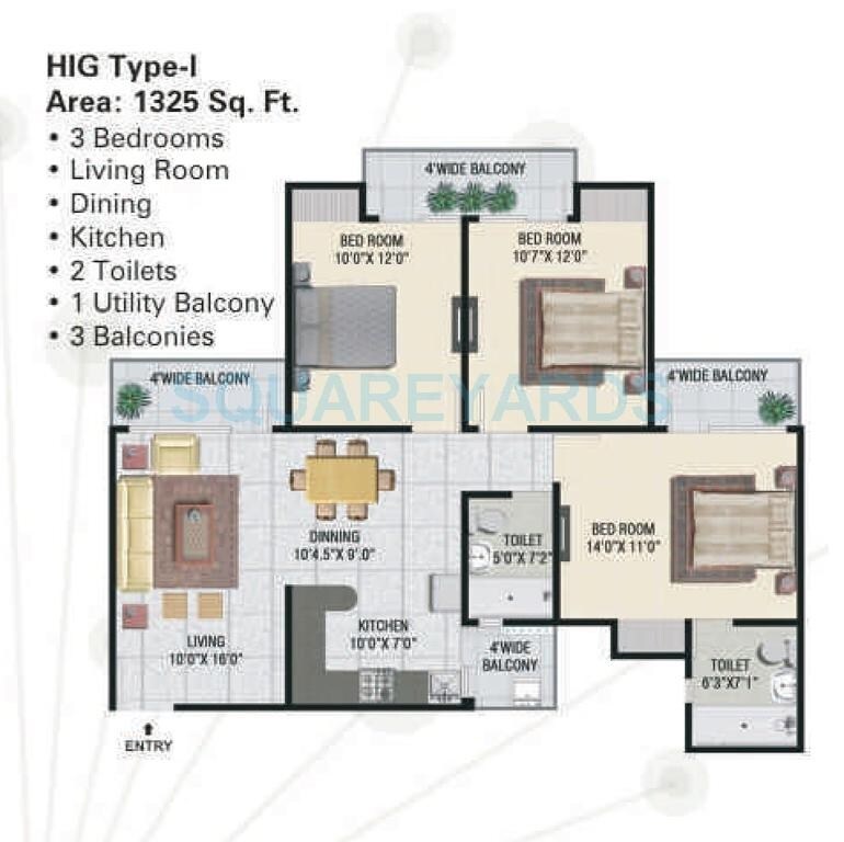 Floor plan of 3 BHK 1325 Sq. Ft. Apartment in Panchsheel Greens, Greater Noida