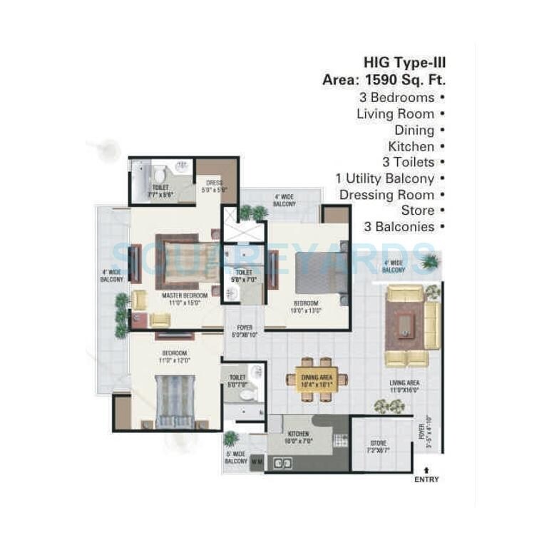 Floor plan of 3 BHK 1590 Sq. Ft. Apartment in Panchsheel Greens, Greater Noida