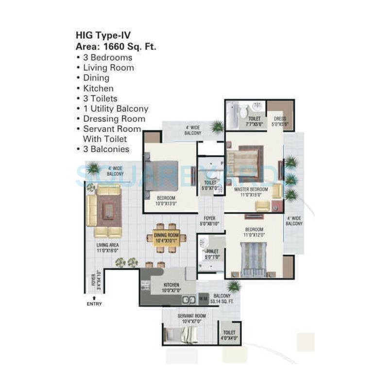 Floor plan of 3 BHK 1660 Sq. Ft. Apartment in Panchsheel Greens, Greater Noida