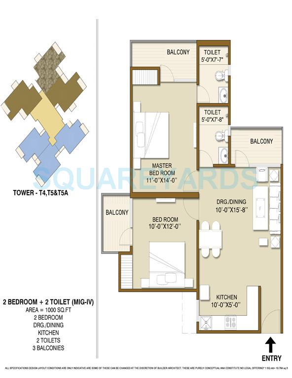Floor plan of 2 BHK 1000 Sq. Ft. Apartment in Panchsheel Hynish, Greater Noida