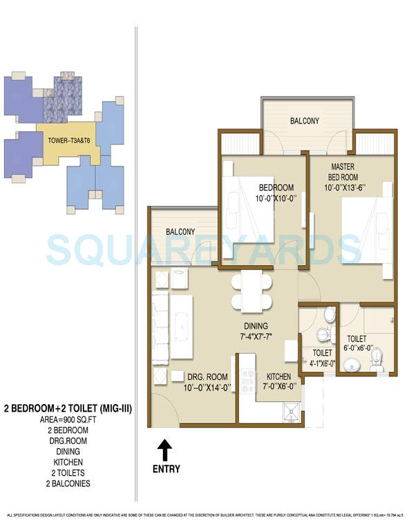 Floor plan of 2 BHK 900 Sq. Ft. Apartment in Panchsheel Hynish, Greater Noida