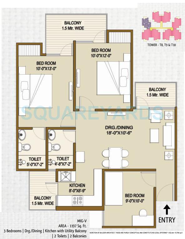 Floor plan of 3 BHK 1197 Sq. Ft. Apartment in Panchsheel Hynish, Greater Noida