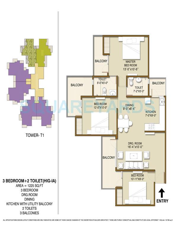 Floor plan of 3 BHK 1225 Sq. Ft. Apartment in Panchsheel Hynish, Greater Noida