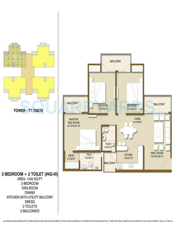 Floor plan of 3 BHK 1440 Sq. Ft. Apartment in Panchsheel Hynish, Greater Noida