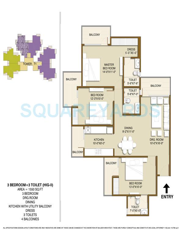 Floor plan of 3 BHK 1550 Sq. Ft. Apartment in Panchsheel Hynish, Greater Noida