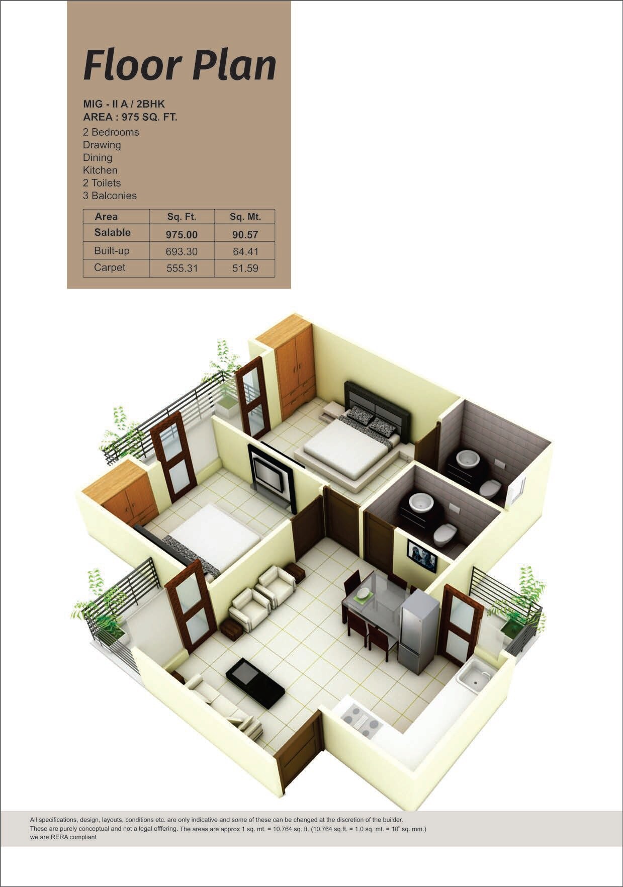 Floor plan of 2 BHK 975 Sq. Ft. Apartment in Panchsheel Pinnacle, Greater Noida