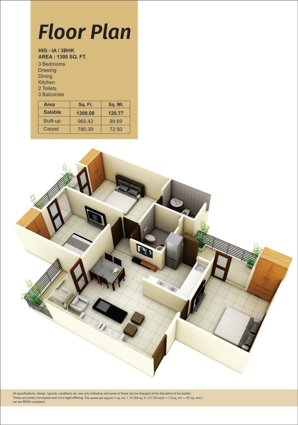 Floor plan of 3 BHK 1300 Sq. Ft. Apartment in Panchsheel Pinnacle, Greater Noida