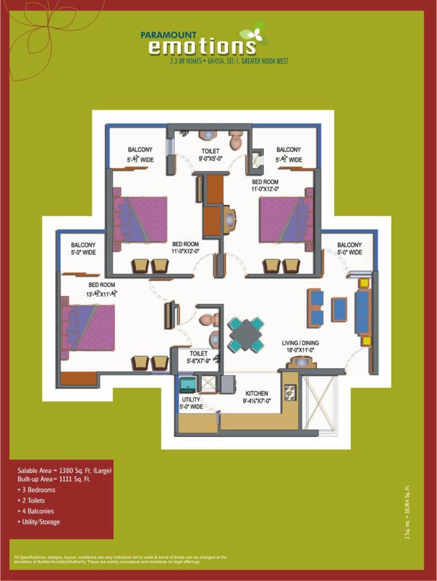 Floor plan of 3 BHK 1380 Sq. Ft. Apartment in Paramount Emotions, Greater Noida