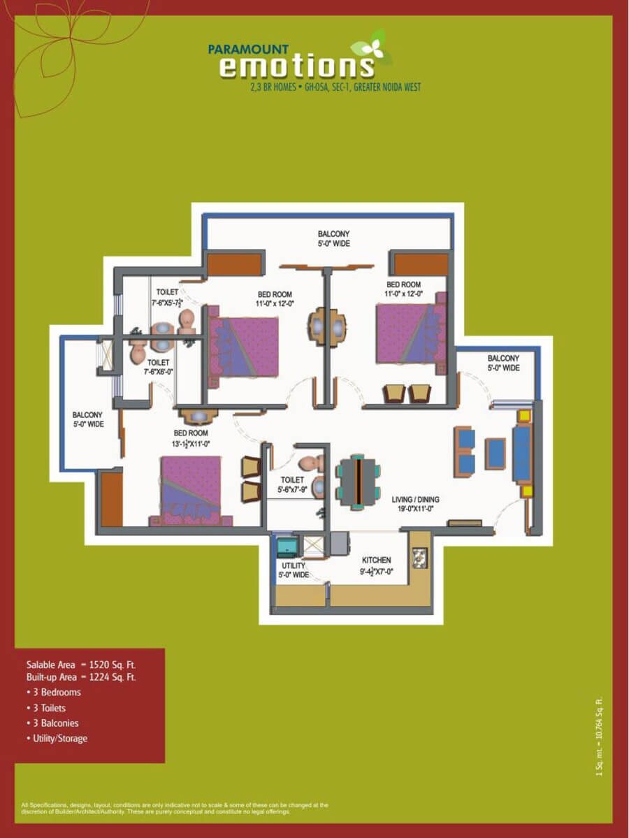 Floor plan of 3 BHK 1520 Sq. Ft. Apartment in Paramount Emotions, Greater Noida
