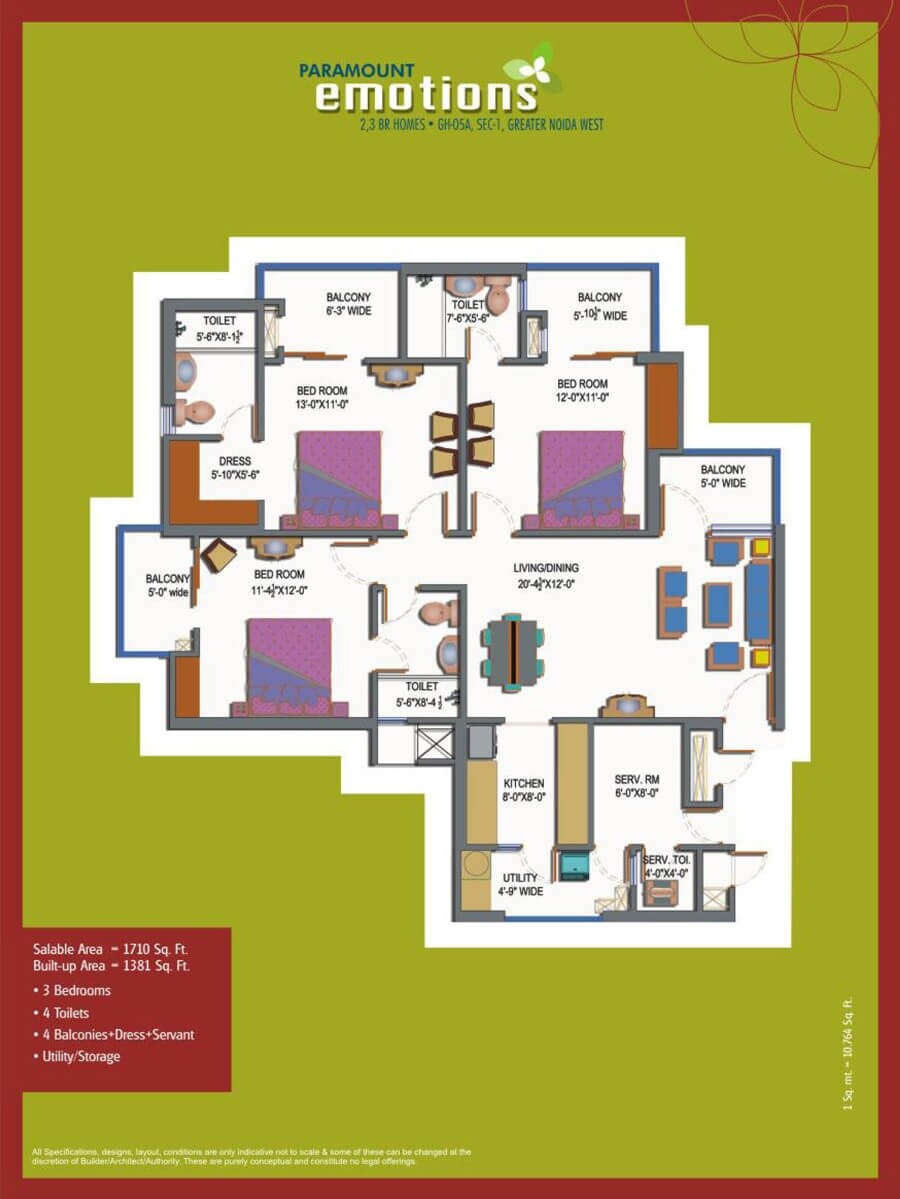 Floor plan of 3 BHK 1710 Sq. Ft. Apartment in Paramount Emotions, Greater Noida