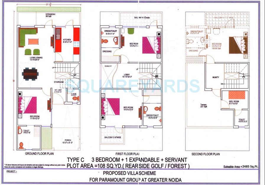Floor plan of 3 BHK 2485 Sq. Ft. Villa in Paramount Golfforeste, Greater Noida