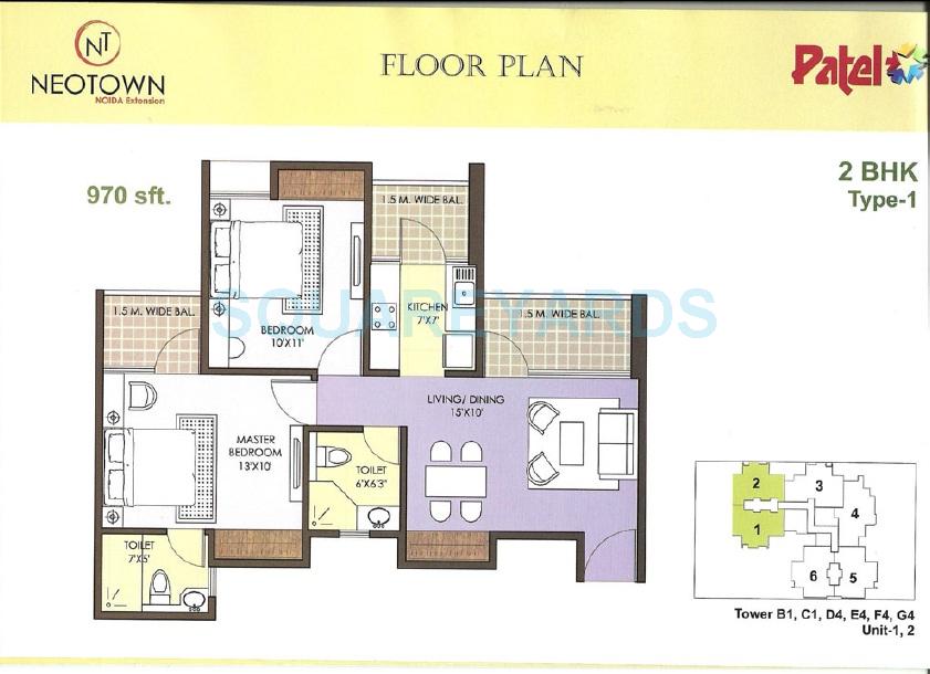 Floor plan of 2 BHK 970 Sq. Ft. Apartment in Mascot Patel Neotown, Greater Noida