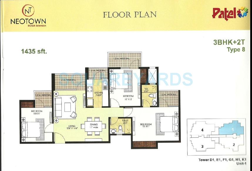 Floor plan of 3 BHK 1435 Sq. Ft. Apartment in Mascot Patel Neotown, Greater Noida