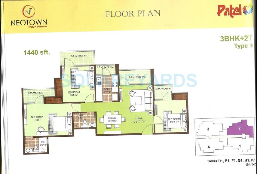 Floor plan of 3 BHK 1440 Sq. Ft. Apartment in Mascot Patel Neotown, Greater Noida