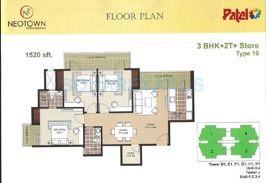 Floor plan of 3 BHK 1520 Sq. Ft. Apartment in Mascot Patel Neotown, Greater Noida