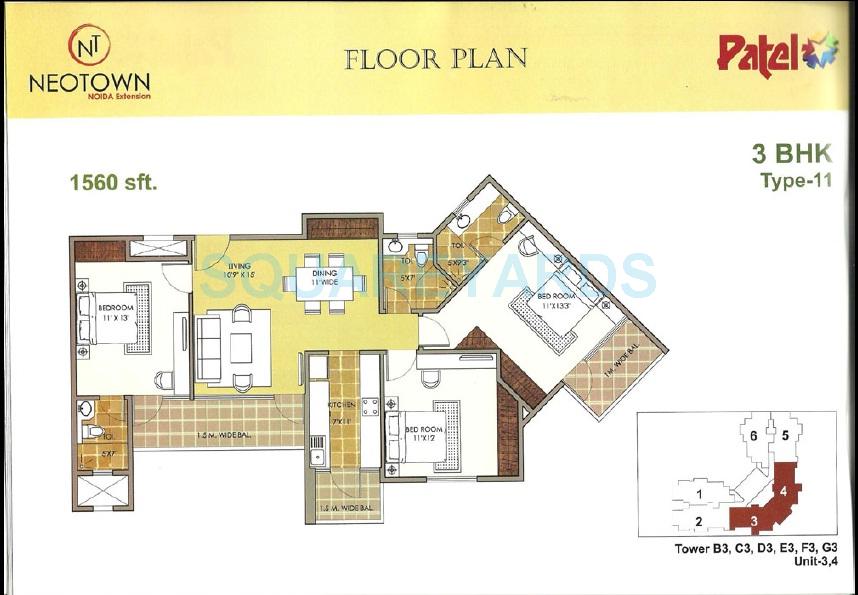 Floor plan of 3 BHK 1560 Sq. Ft. Apartment in Mascot Patel Neotown, Greater Noida