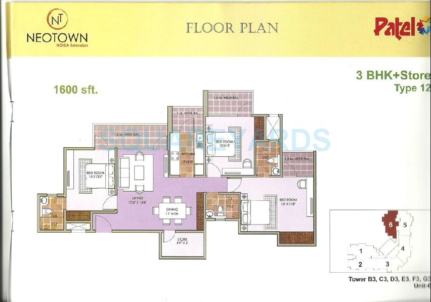 Floor plan of 3 BHK 1600 Sq. Ft. Apartment in Mascot Patel Neotown, Greater Noida