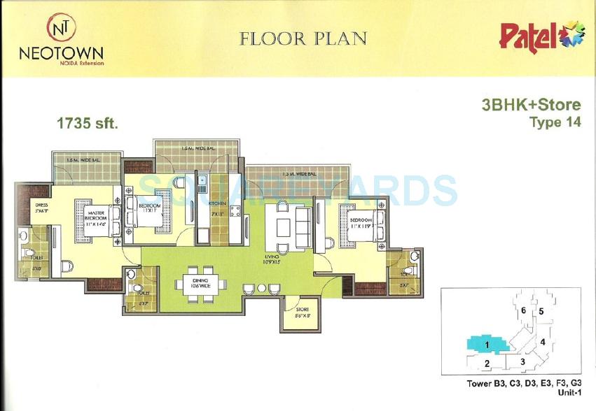 Floor plan of 3 BHK 1735 Sq. Ft. Apartment in Mascot Patel Neotown, Greater Noida