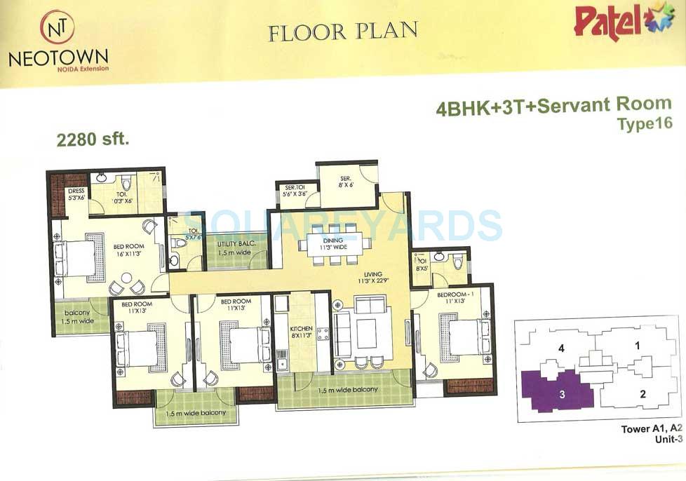 Floor plan of 4 BHK 2280 Sq. Ft. Apartment in Mascot Patel Neotown, Greater Noida