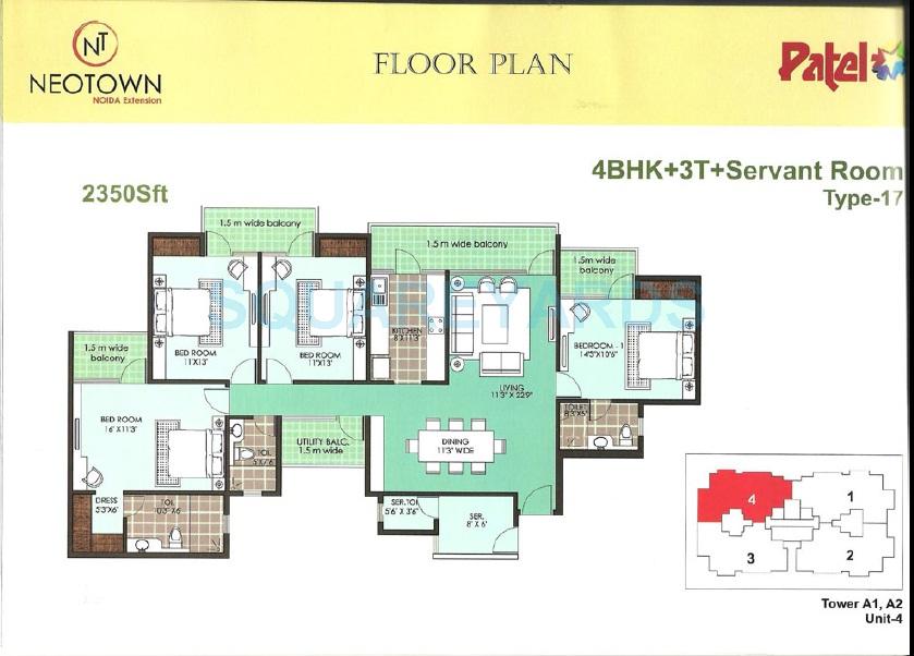 Floor plan of 4 BHK 2350 Sq. Ft. Apartment in Mascot Patel Neotown, Greater Noida