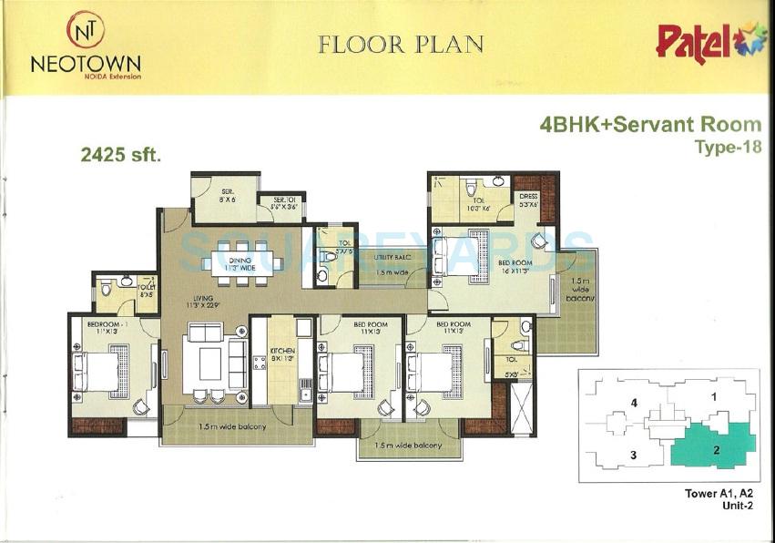 Floor plan of 4 BHK 2425 Sq. Ft. Apartment in Mascot Patel Neotown, Greater Noida