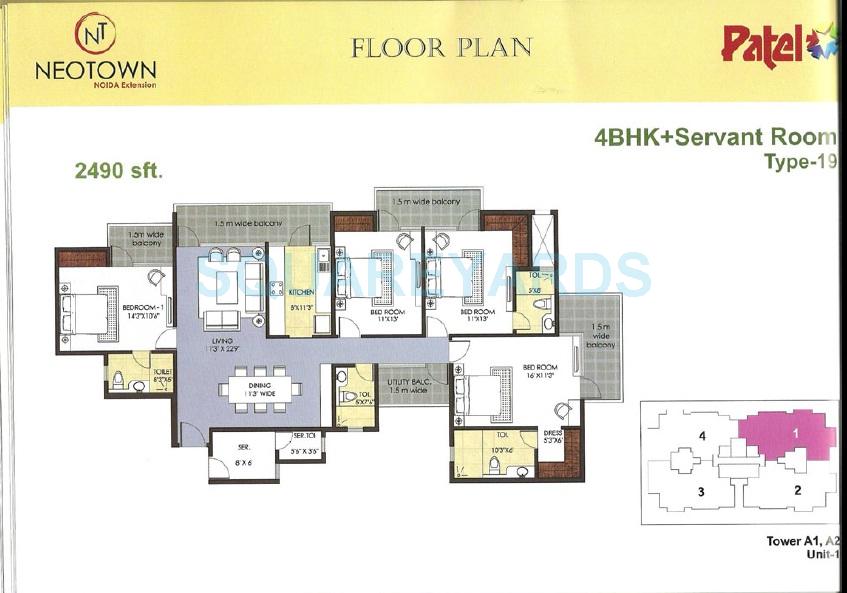 Floor plan of 4 BHK 2490 Sq. Ft. Apartment in Mascot Patel Neotown, Greater Noida