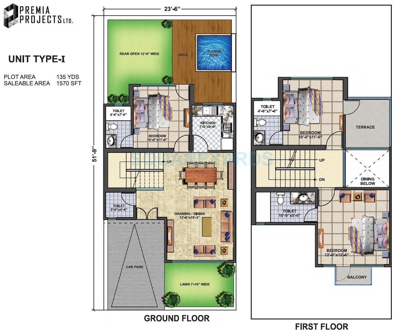 Floor plan of 3 BHK 1570 Sq. Ft. Villa in Premia Corporate City Power Villas, Greater Noida
