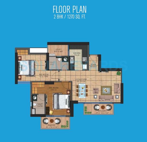 Floor plan of 2 BHK 1270 Sq. Ft. Apartment in Presidency Heights, Greater Noida