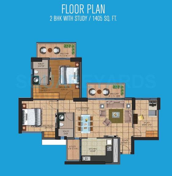 Floor plan of 2 BHK 1405 Sq. Ft. Apartment in Presidency Heights, Greater Noida
