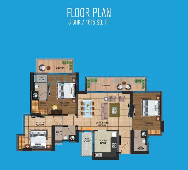 Floor plan of 3 BHK 1615 Sq. Ft. Apartment in Presidency Heights, Greater Noida