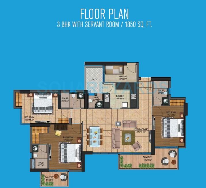 Floor plan of 3 BHK 1850 Sq. Ft. Apartment in Presidency Heights, Greater Noida