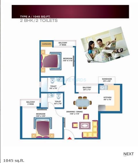 Floor plan of 2 BHK 1045 Sq. Ft. Apartment in Proview Technocity, Greater Noida