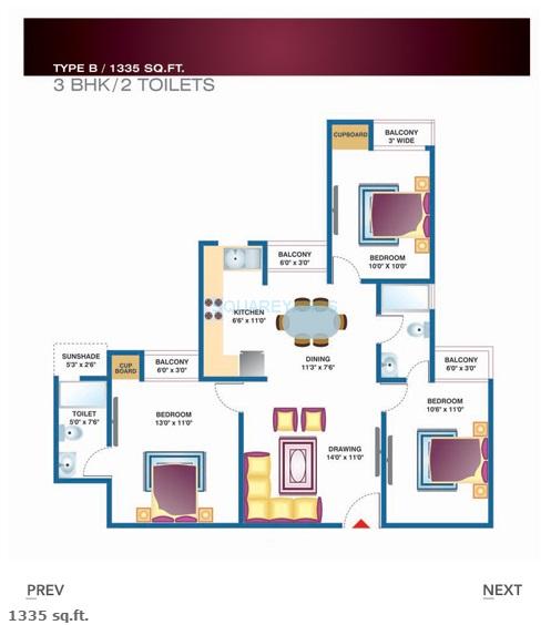3 BHK 1335 Sq. Ft. Apartment