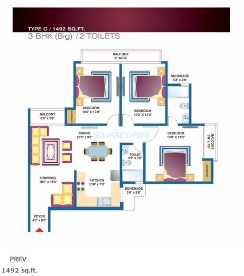 Floor plan of 3 BHK 1492 Sq. Ft. Apartment in Proview Technocity, Greater Noida