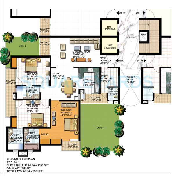 Floor plan of 3 BHK 1830 Sq. Ft. Apartment in Purvanchal Heights, Greater Noida