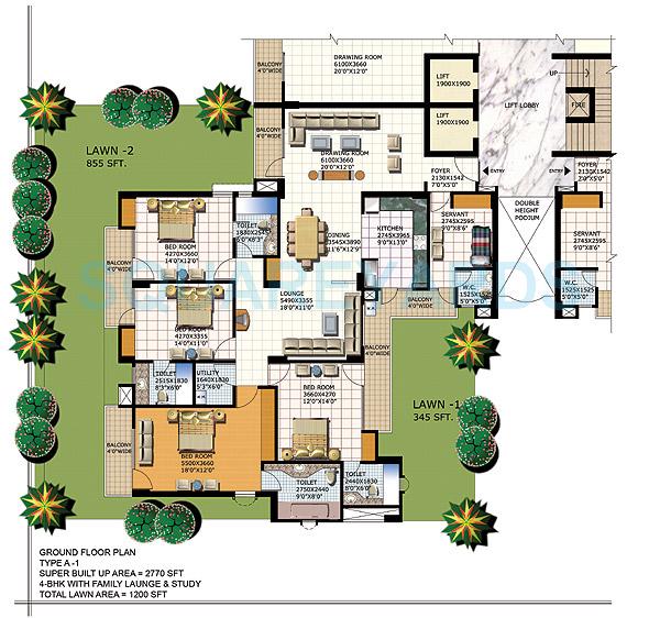 Floor plan of 4 BHK 2770 Sq. Ft. Apartment in Purvanchal Heights, Greater Noida
