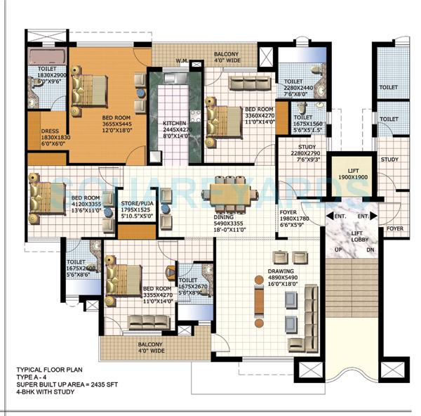 Floor plan of 4 BHK 2435 Sq. Ft. Apartment in Purvanchal Heights, Greater Noida