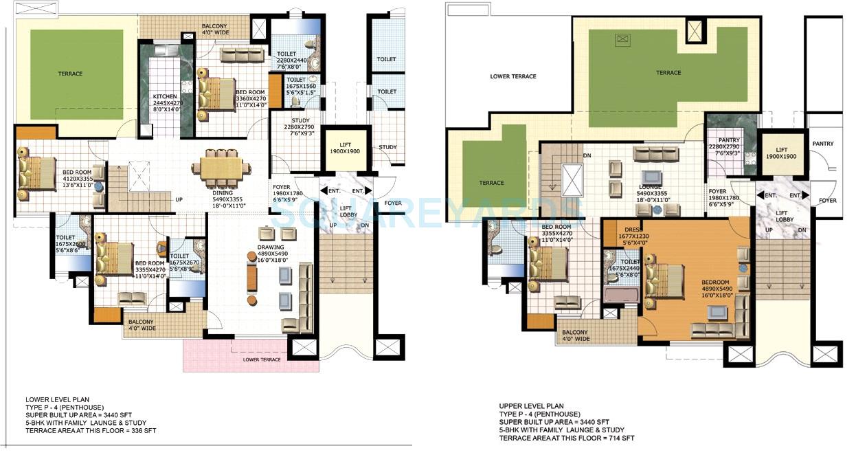 Floor plan of 5 BHK 3440 Sq. Ft. Penthouse in Purvanchal Heights, Greater Noida