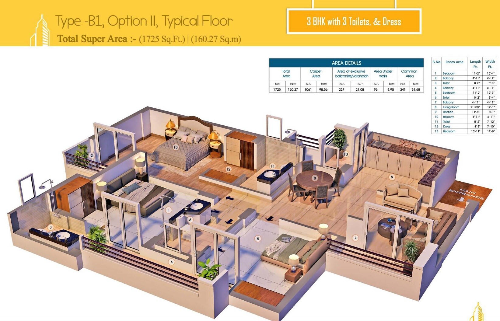 Floor plan of 3 BHK 1725 Sq. Ft. Apartment in Purvanchal Royal City, Greater Noida
