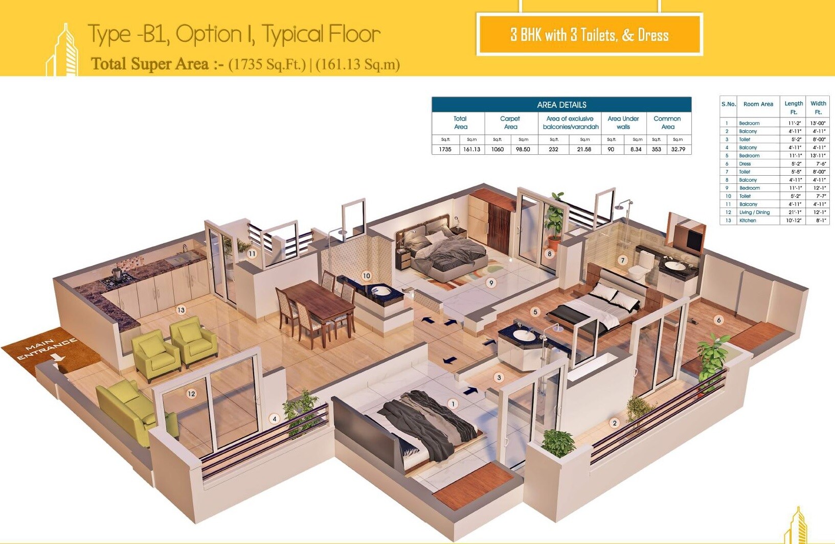 Floor plan of 3 BHK 1735 Sq. Ft. Apartment in Purvanchal Royal City, Greater Noida