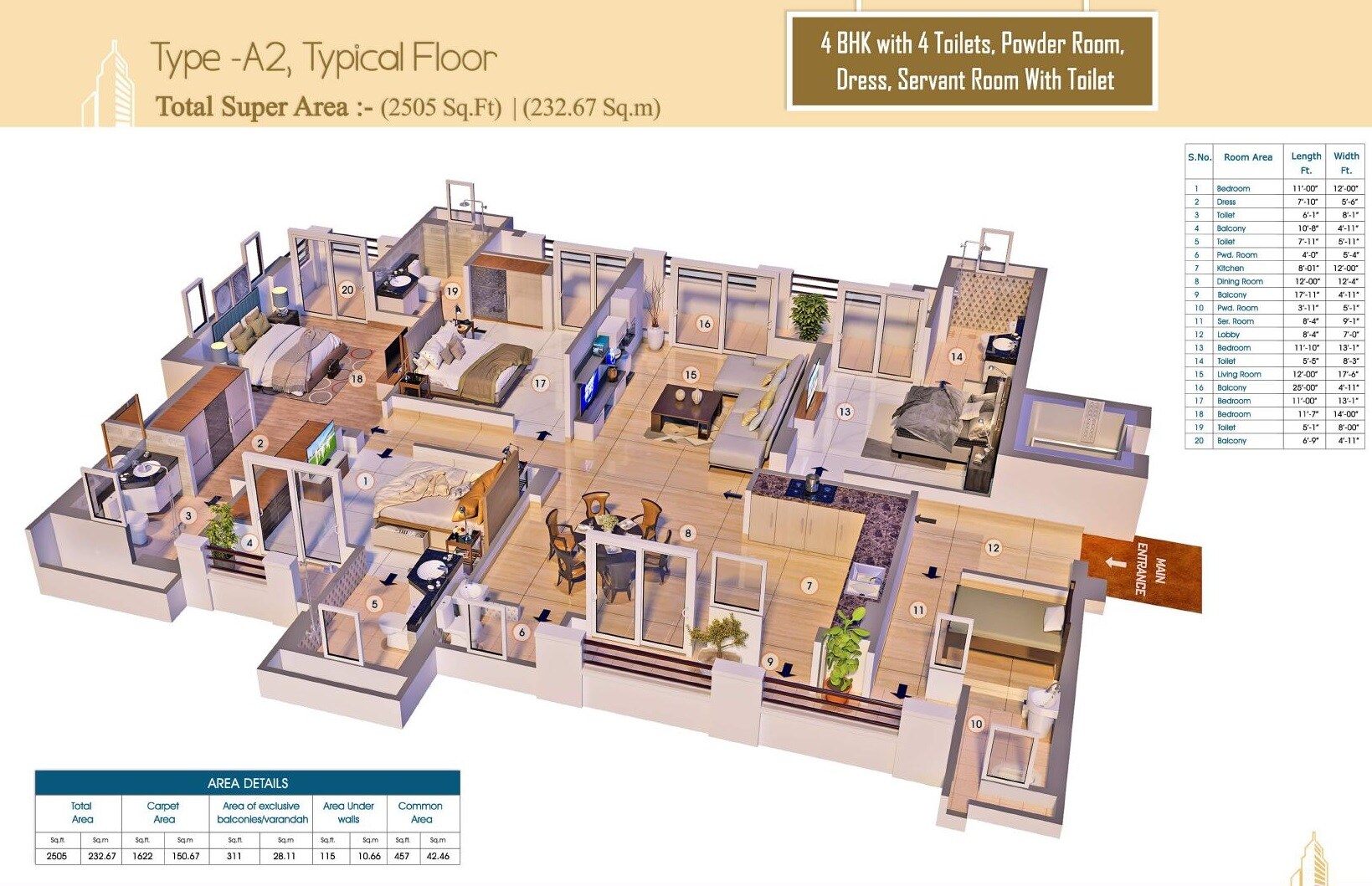 Floor plan of 4 BHK 2510 Sq. Ft. Apartment in Purvanchal Royal City, Greater Noida