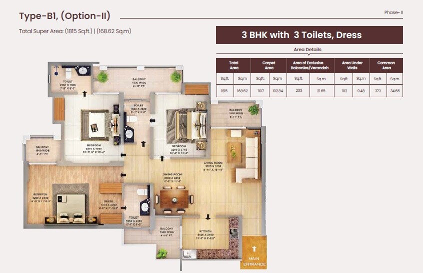 Floor plan of 3 BHK 1815 Sq. Ft. Apartment in Purvanchal Royal City II, Greater Noida