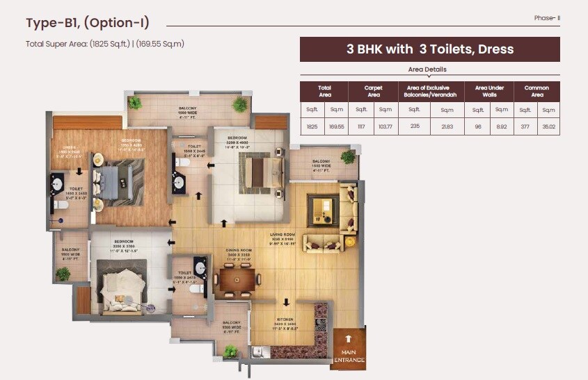 Floor plan of 3 BHK 1825 Sq. Ft. Apartment in Purvanchal Royal City II, Greater Noida