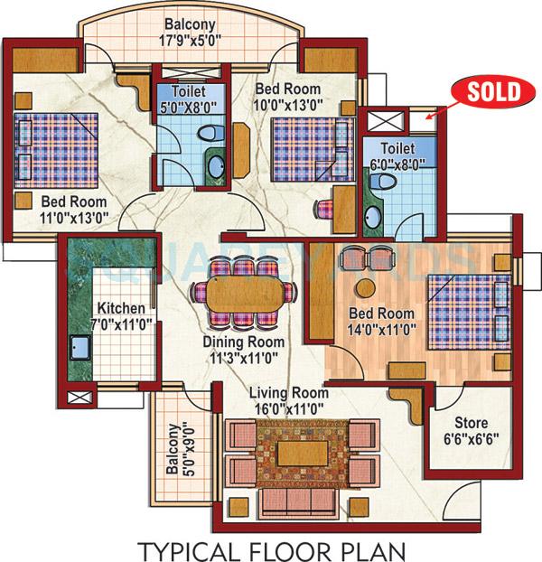 Floor plan of 3 BHK 1440 Sq. Ft. Apartment in Purvanchal Silver City II, Greater Noida