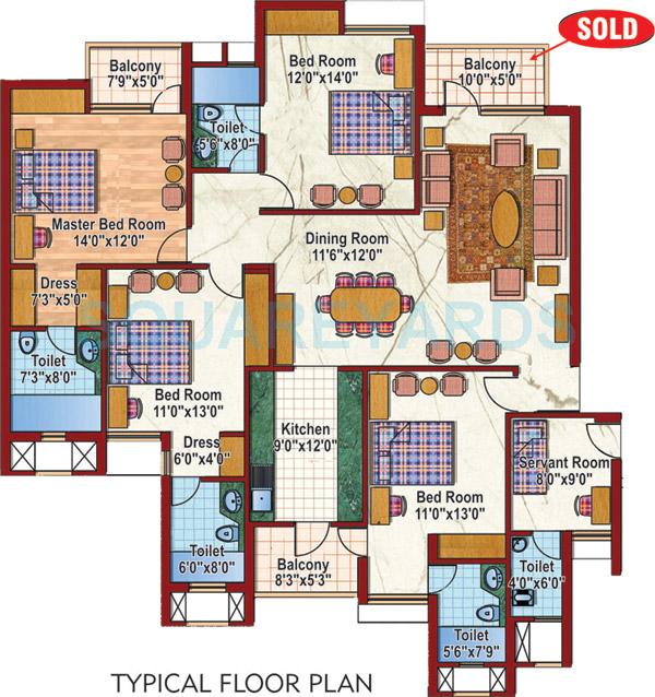 Floor plan of 4 BHK 2150 Sq. Ft. Apartment in Purvanchal Silver City II, Greater Noida