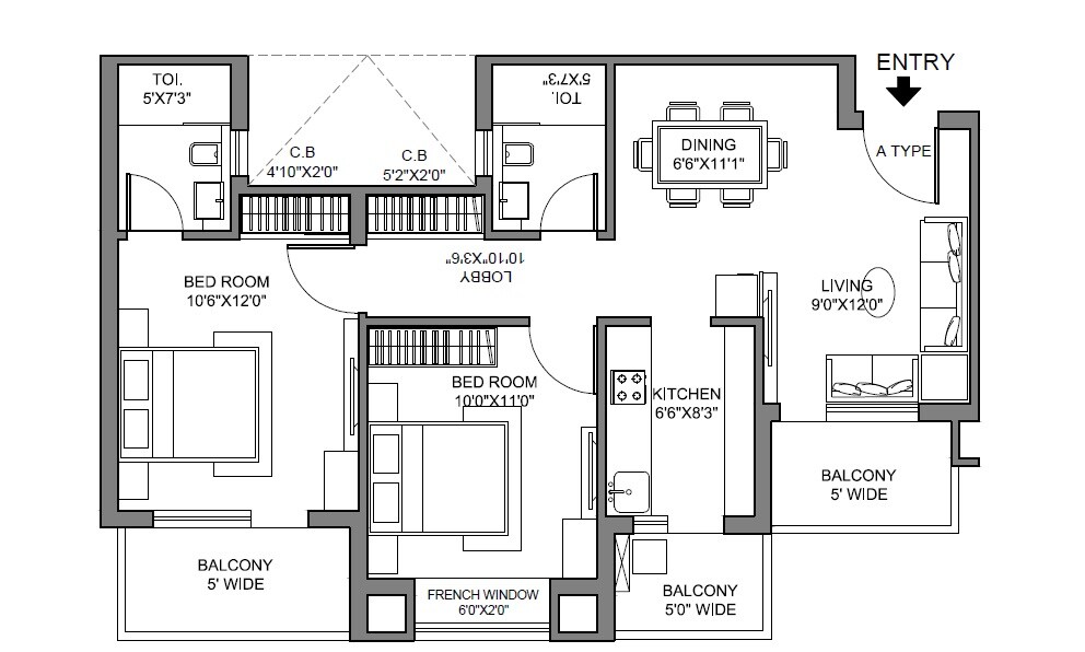Floor plan of 2 BHK 1050 Sq. Ft. Apartment in Radhey Krishna Casa Green I, Greater Noida
