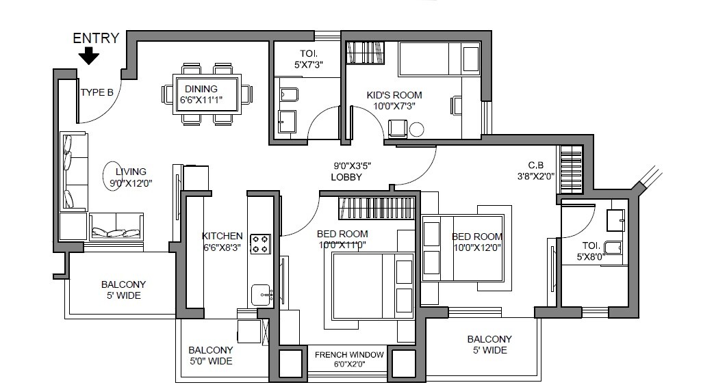 Floor plan of 3 BHK 1140 Sq. Ft. Apartment in Radhey Krishna Casa Green I, Greater Noida
